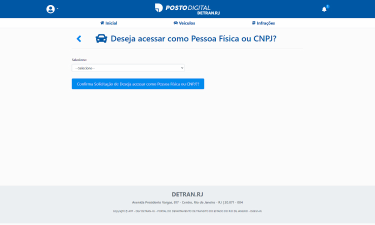 Tela do sistema Posto Digital do Detran.RJ, informando se deseja acessar como pessoa física ou CNPJ