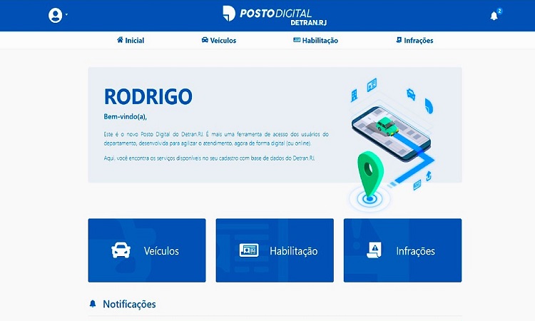 Primeira página do Posto Digital, com nome do usuário e principais serviços